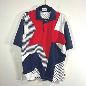 Vtg Sea Palms by Hartwell‎ Mens XL Polo Top Patriotic Star Stripe Retro Resort